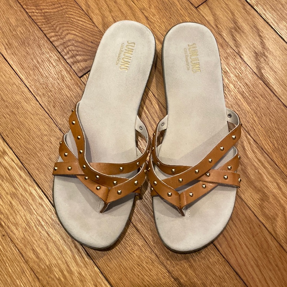 Sunjuns Black Leather Strappy Sandals  Summer Casual Sharon Womens size 10
